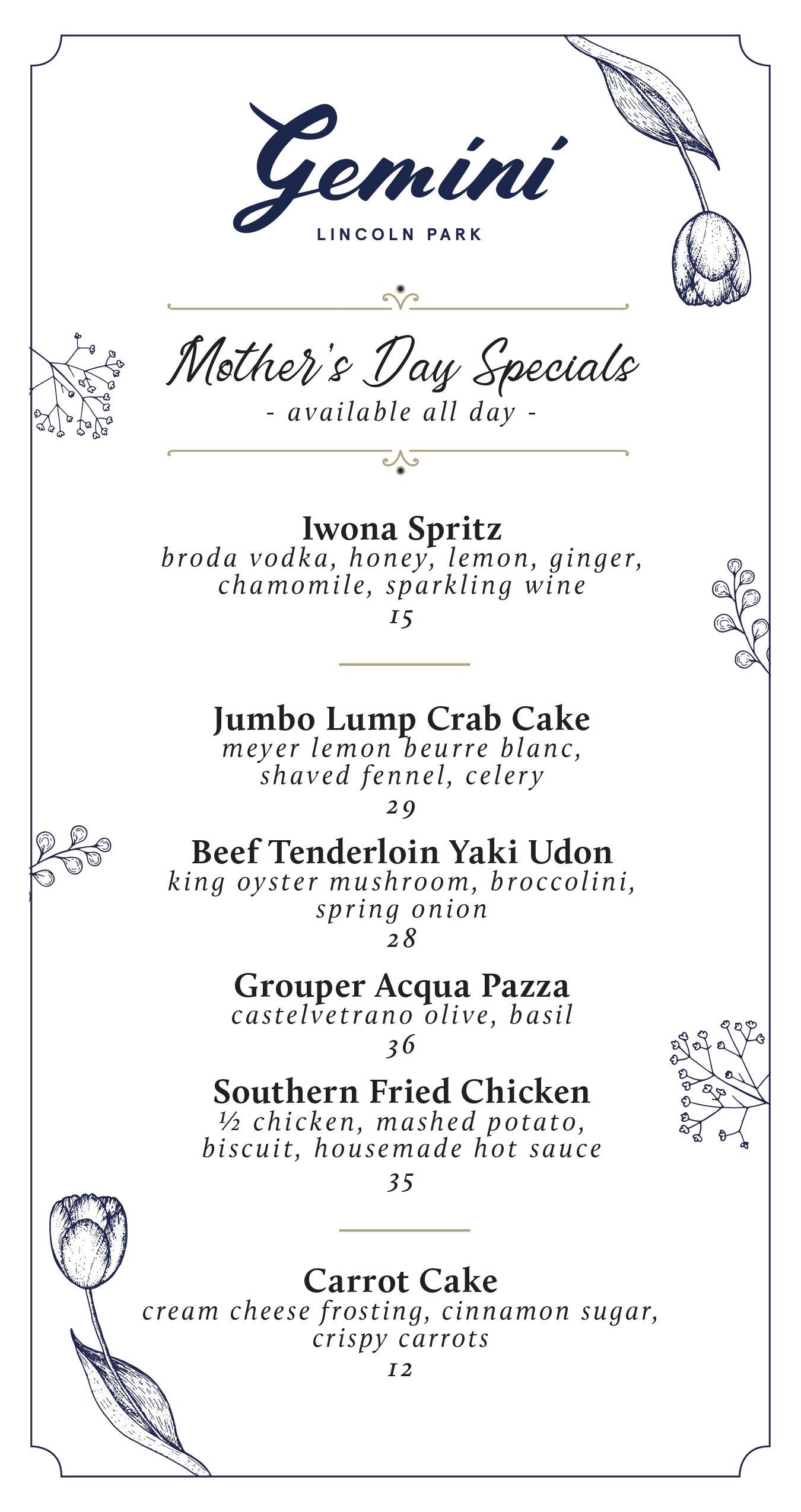 Mothers Day Menu